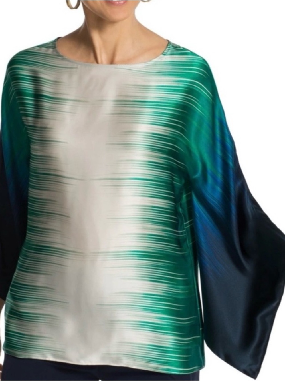 Chico’s 100% Silk Batwing Kimono Sleeve Blouse Teal Blue Size 1